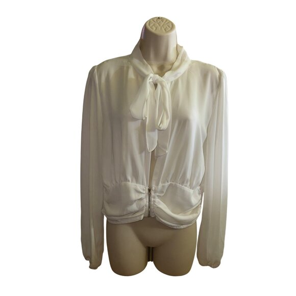 Fashion Nova White Long Sleeve Tie‎ Neck Blouse XL Zipper Waist Sexy Secretary - Picture 8 of 8